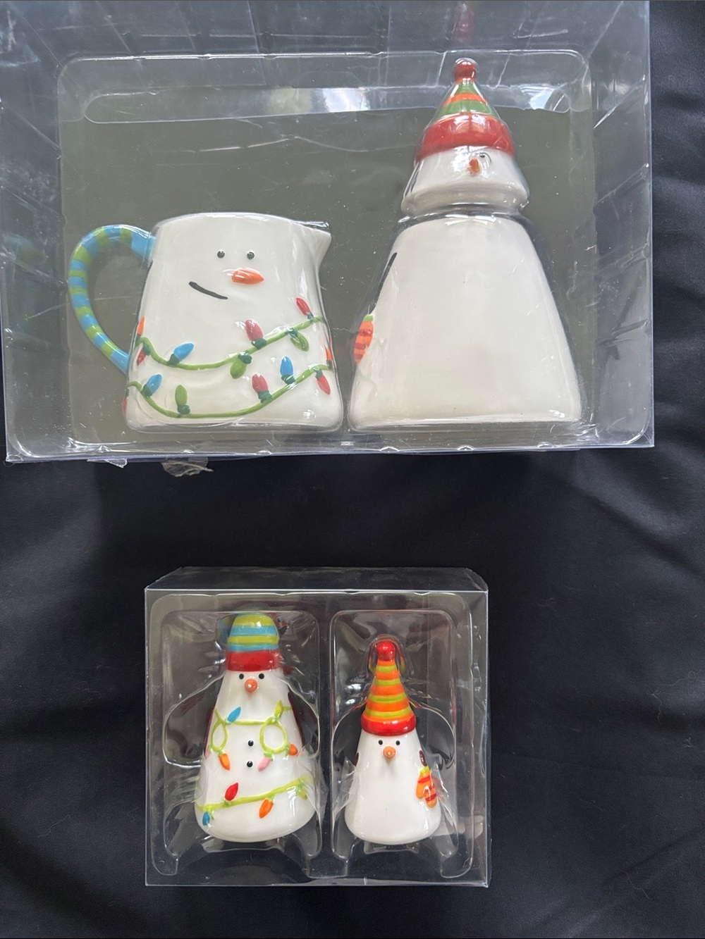 Crate&Barrel Snowman Ceramic Cream & Sugar and Salt & Pepper Shaker Set